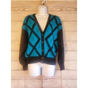 Vintage ARGYLE SWEATER CARDIGAN Blue and Black Angora Blend Size S EUC